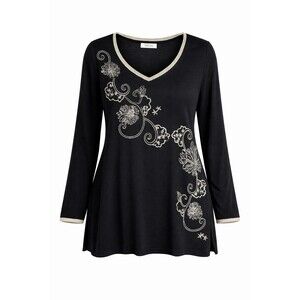 Avenue 18/20 Plus Black Tunic Top Floral Graphic Stretch V-Neck Flowy Casual